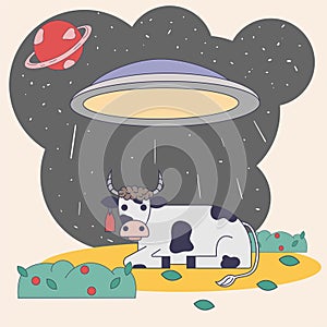 UFO kidnaps a lying cow for conducting experiments and studying a colored flat drawing in the corporate Memphis style