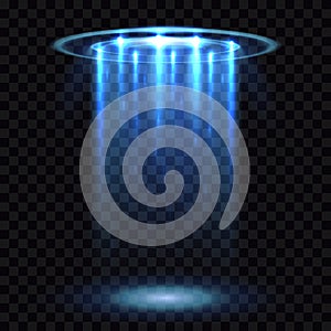 UFO light beam, aliens futuristic spacecraft on transparent checkered background vector illustration