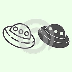 UFO line and solid icon. Outer space alien flying saucer outline style pictogram on white background. Exploration and