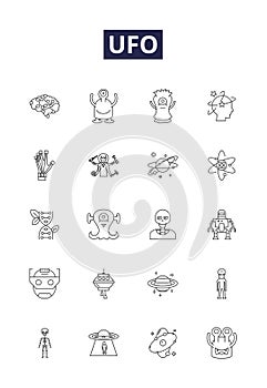 Ufo line vector icons and signs. Alien, Extraterrestrial, Sighting, Abduction, Roswell, Flying, Disk, Unidentified