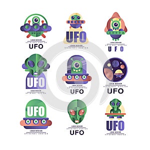 Ufo logo original design set, emblem with alien and saucer vector Illustrations on a white background