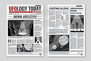 UFO newspaper. Newspaper columns with text, media news headlines extraterrestrial civilizations and aliens, publication