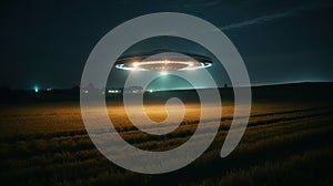 UFO at night landing on a meadow - generative AI, AI generated