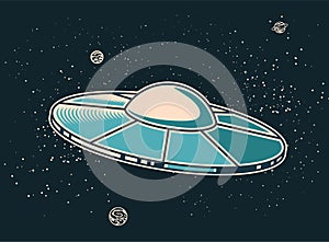 UFO in open space, alien space ship, extraterrestrial flying saucer, ufo disk in cosmos