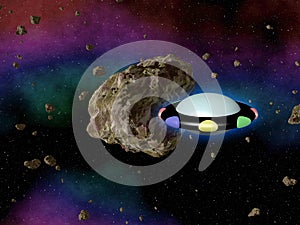 UFO in outerspace with asteroid photo