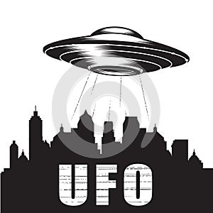 UFO over city silhouette, alien space ship, extraterrestrial flying saucer, ufo disk