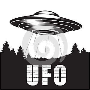 UFO over forest, alien space ship with ray of light, extraterrestrial flying saucer, ufo disk