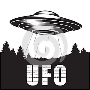 UFO over forest, alien space ship with ray of light, extraterrestrial flying saucer, ufo disk photo