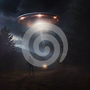 UFO over a man in the forest. A spaceship hovered in the night sky to kidnap a young man. A flying saucer in the sky and