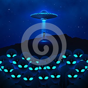 UFO with ray of light fly in night sky and group angry aliens with green eyes. alien invasion. Sci-fi concept. Vector illustration