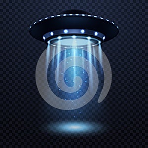 UFO. Realistic alien spaceship with blue light beam, futuristic sci fi unidentified spacecraft isolated 3d vector