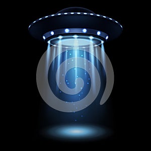 UFO. Realistic alien spaceship with light beam. Futuristic Sci-fi unidentified spacecraft. 3D flying saucer and abduction