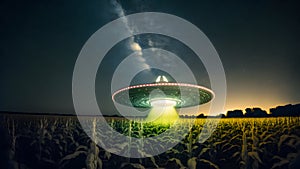 UFO saucer hovering over corn field at starry night with wide beam of light underneath, neural network generated art