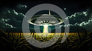 UFO saucer hovering over corn field at starry night with wide beam of light underneath, neural network generated art