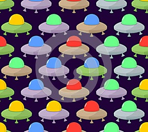 UFO seamless pattern. Color space Flying Saucer, Spaceship. Vect