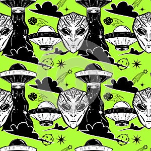 UFO seamless pattern. Invasion of aliens. Mystical symbol paranormal phenomena, first contact