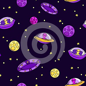 Ufo seamless pattern. Purple aliens on yellow flying saucers pink asteroids rushing.
