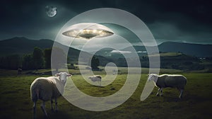 UFO sheep abduction. The concept of animal abduction by aliens.