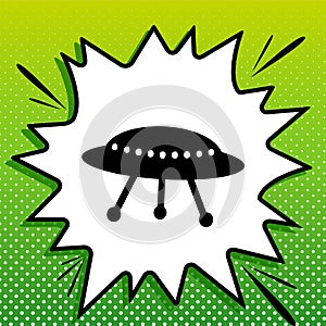 UFO simple sign. Black Icon on white popart Splash at green background with white spots. Illustration