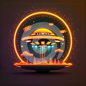 UFO in space. Flying saucer with planets and stars. Vector illustration.