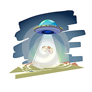 ufo spaceship with beam of light over the cow. Abduction - vector illustration