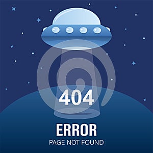 Ufo spaceship with lights. Message 404 error page not found. Aliens rocket in trendy blue colors