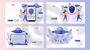 UFO spaceship. Space. Alien sign. UFO ray of light abducts humans and data computer. World Contact day. Screen template