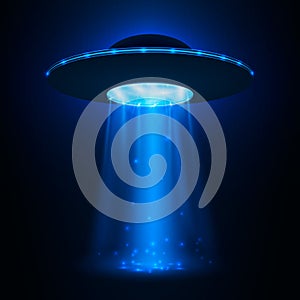 UFO spaceship. Unidentified flying object with light beam. Vector illustration