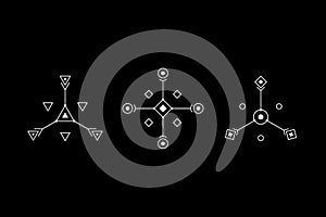 UFO or spiritual geometry white symbol set. Circle, square, rhombus figures. Design symbols for puzzle, logic