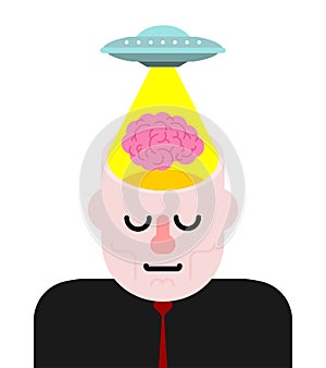 Ufo steals brain from head. Alien flying saucer and brains