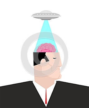 Ufo steals brain from head. Alien flying saucer and brains