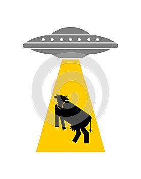 Ufo steals cow icon sign. Alien flying saucer and cows. Concept of extraterrestrial civilizations and Experiments on another