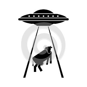 Ufo steals cow icon sign. Alien flying saucer and cows. Concept of extraterrestrial civilizations and Experiments on another