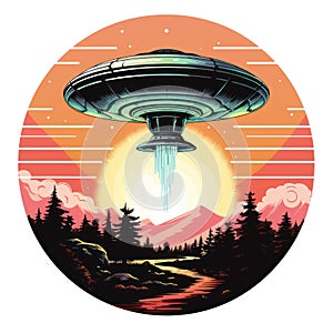 UFO Sticker Isolated. Logotype. Sticker. UFO Concept. Alien Concept. Alien abduction.