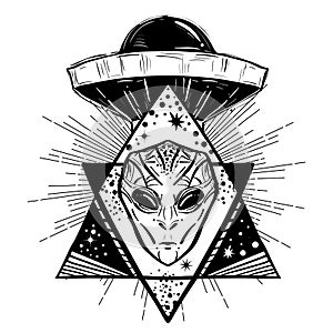 UFO tattoo art and t-shirt design. Invasion of aliens. Mystical symbol paranormal phenomena, first contact