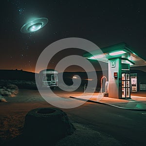 A UFO or UAP flying in the night sky above a gas station in the desert - generative ai