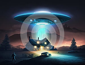 UFO unidentified flying object with light beam above house in night sky, alien abduction