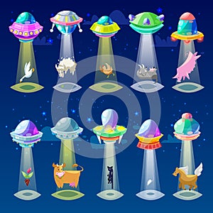 Ufo vector alien spaceship or spacecraft and spacy ship with animal character cat or pig illustration set of spaced