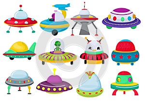 Ufo vector spaceship rocketship and spacy rocket illustration set of spaced ship or spacecraft flying in universe space