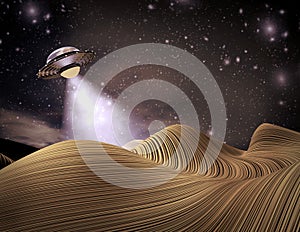 UFO visiting a planet 3D illustration.