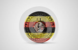 Uganda flag on a bitcoin cryptocurrency coin. 3D Rendering