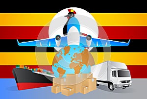Uganda logistics concept illustration. National flag of Uganda from the back of globe, airplane, truck and cargo container ship