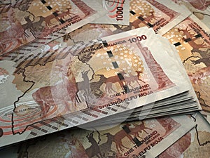 Uganda money. Shilling  banknotes. 1000 UGX Ganga bills. 3d illustration