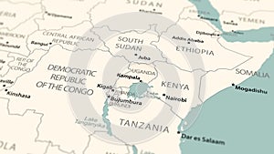 Uganda on the world map. Smooth map rotation.