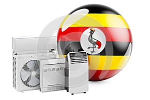 Ugandan flag with cooling and climate electric devices. Manufacturing, trading and service of air conditioners in Uganda, 3D