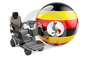 Ugandan flag with indoor powerchair or electric wheelchair, 3D rendering