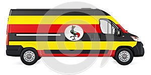 Ugandan flag painted on commercial delivery van. Freight delivery in Uganda, concept. 3D rendering