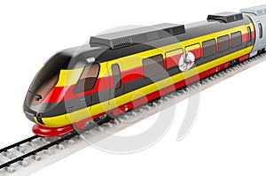 Ugandan flag painted on the high speed train. Rail travel in the Uganda, concept. 3D rendering