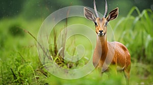 Ugandan kob, Kobus kob thomasi, rainy day. Kob antelope in the green vegetation. generative ai