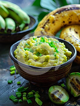 Ugandan matoke, cooked and mashed green bananas, served in a traditional bowl. A traditional and flavorful dish from photo